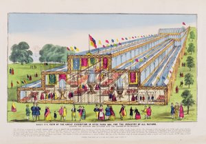 Vogelvlucht van de Grote Tentoonstelling in Hyde Park, met het Interieur en het Exterieur, uitgegeven door A. Flude (prent) door English School